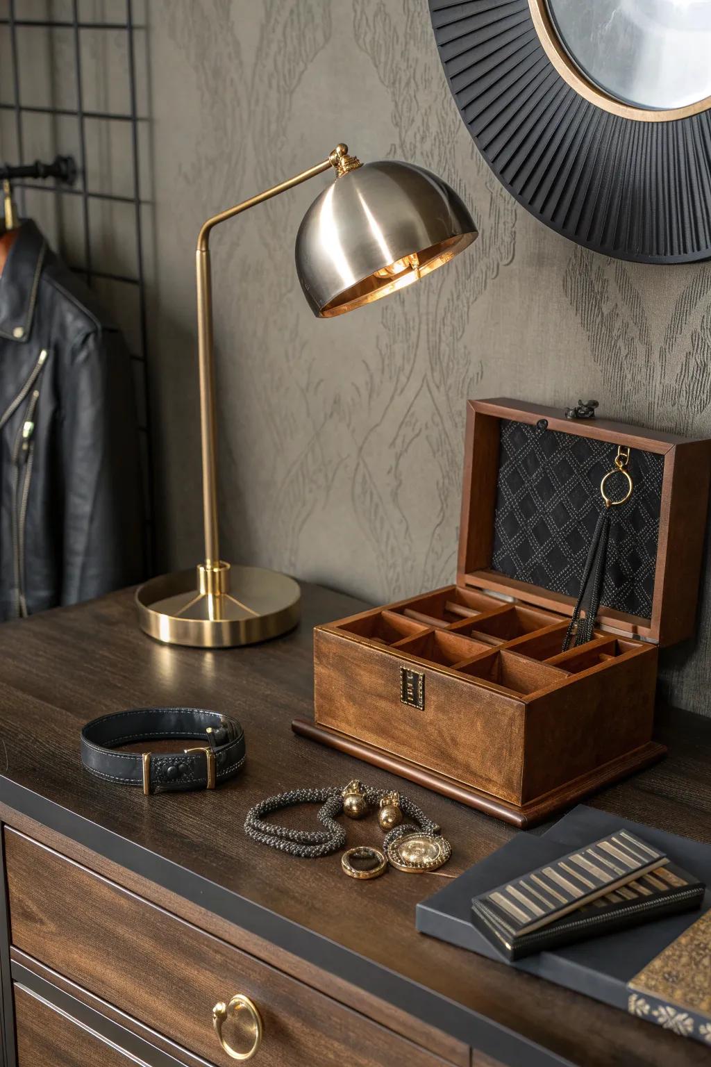 Mixing materials like metal and wood adds depth and interest to your dresser decor.