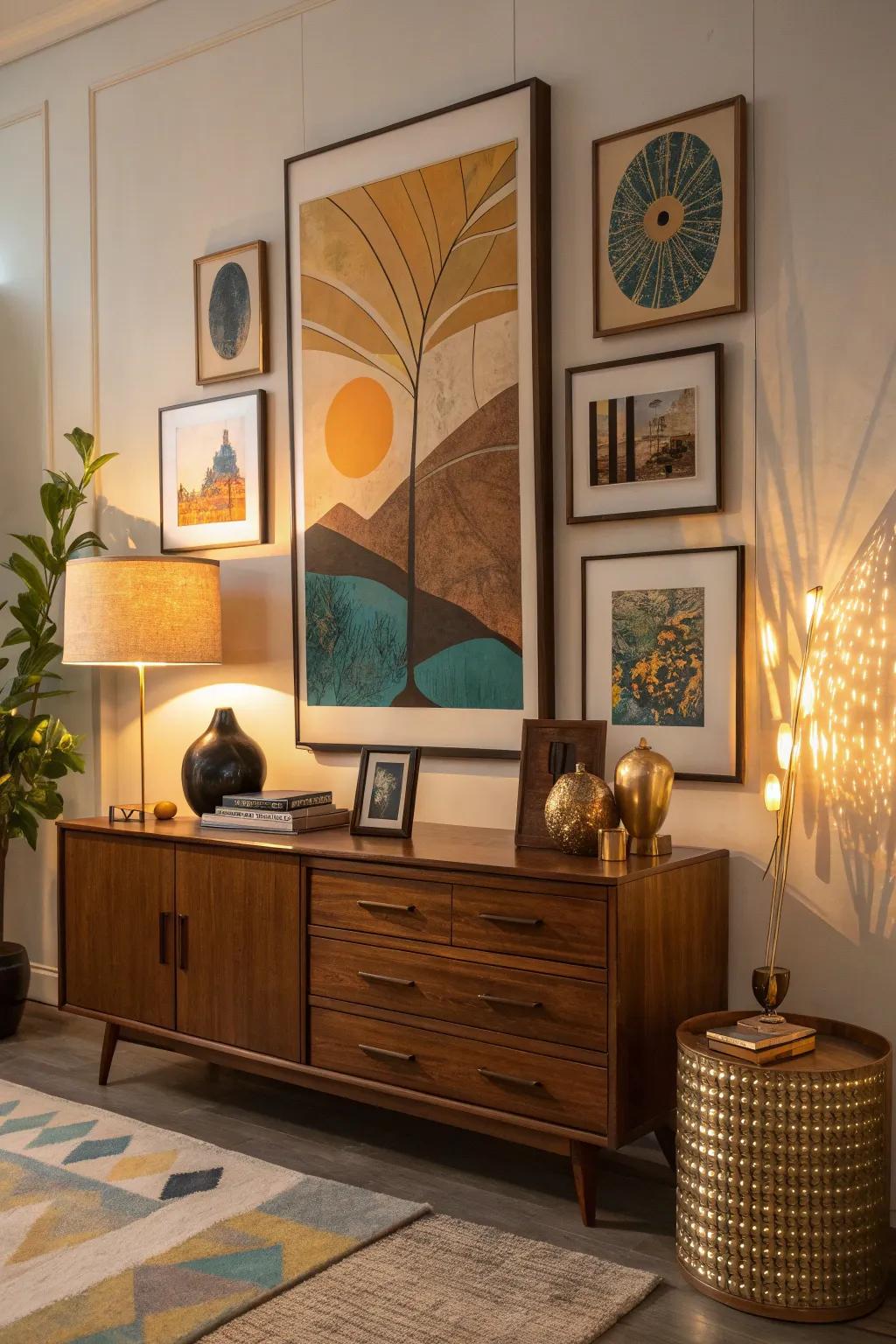 Mix and match art sizes to add texture and depth, creating a visually interesting display.