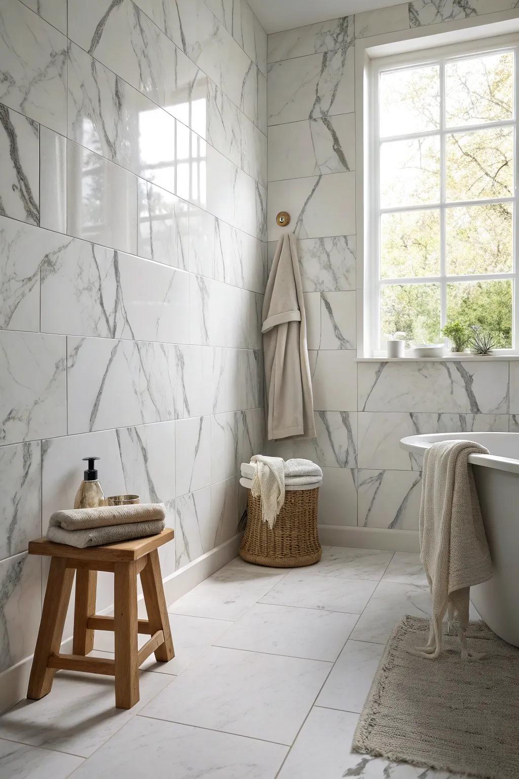 Experience luxury with marble-like tiles, blending elegance with modern practicality.