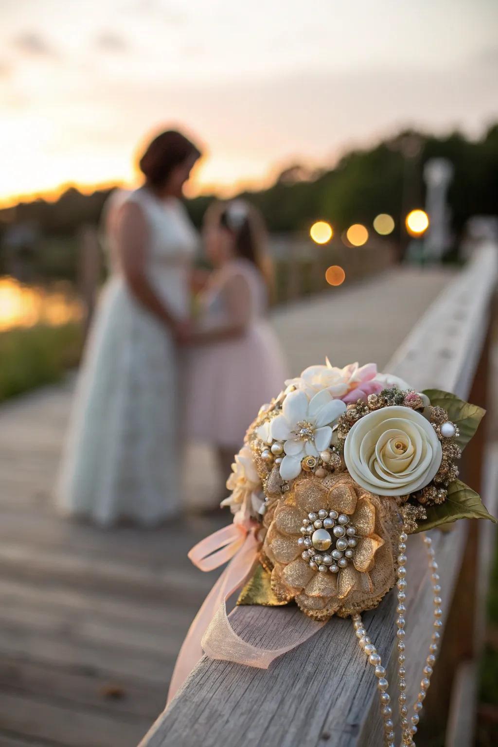 Timeless beauty and sentiment in a vintage brooch corsage.