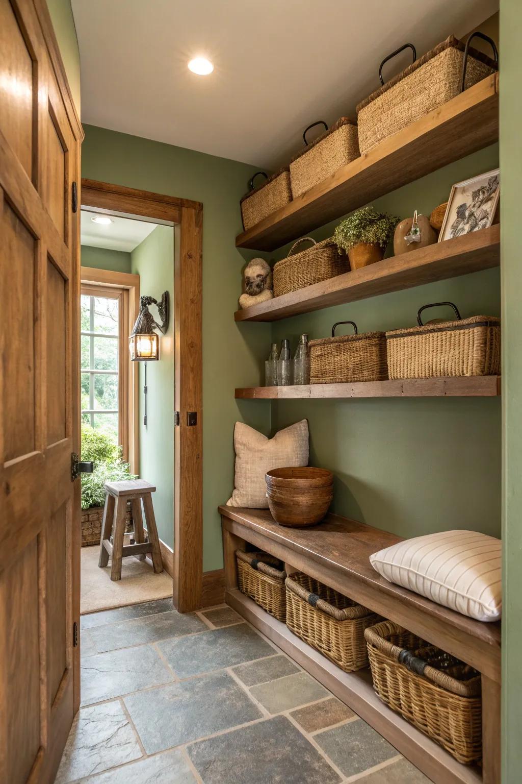 Maximize your entryway’s potential with stylish floating shelves that keep things tidy and chic. #ShelvingSolutions #EntrywayIdeas