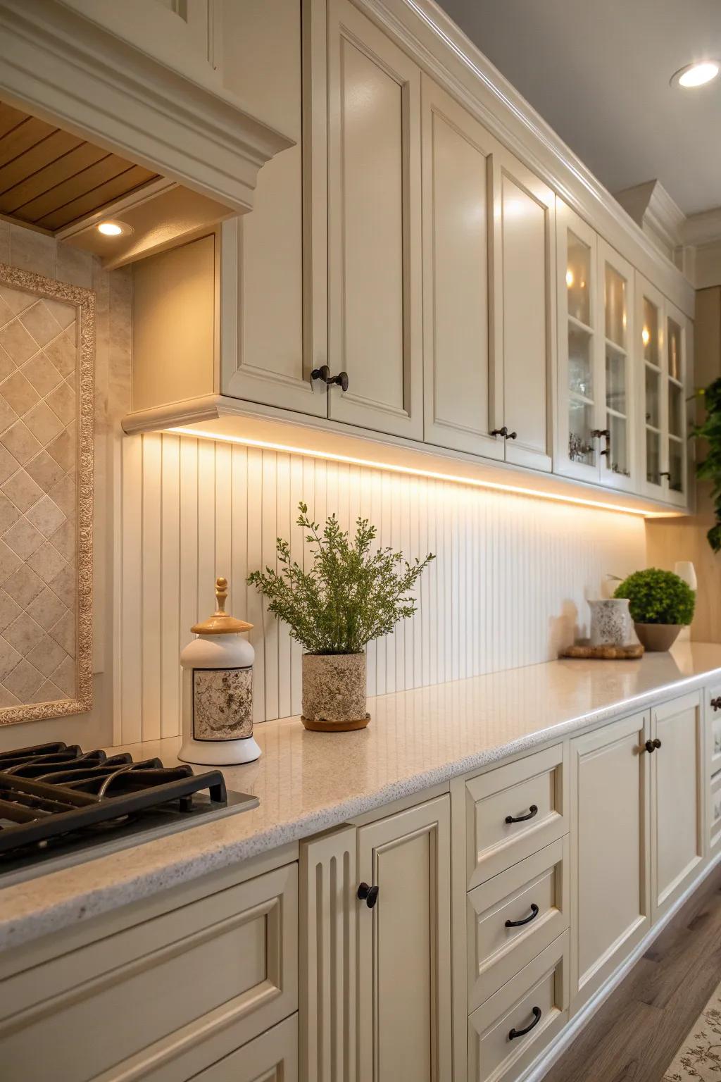 Beadboard panels bring warmth and texture, ideal for charming and cozy kitchens.