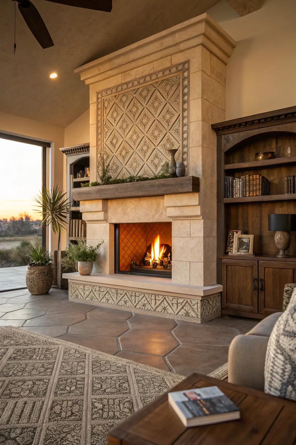 Geometric patterns in stone mantels add a modern twist to classic designs.
