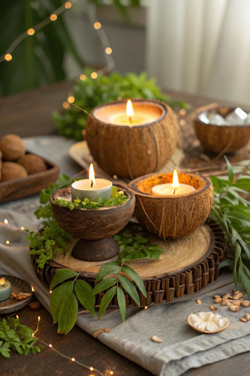 Coconut shells bring rustic charm and eco-friendly style to your decor.