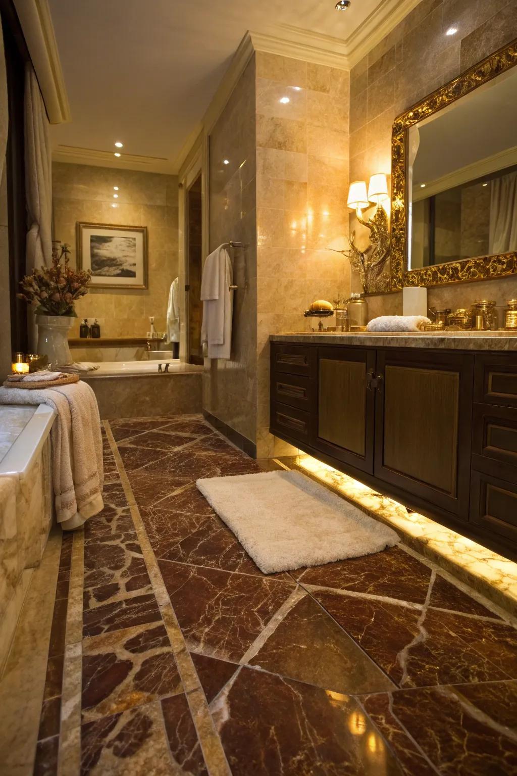 Step into luxury with onyx flooring that brings warmth and elegance to your bathroom.