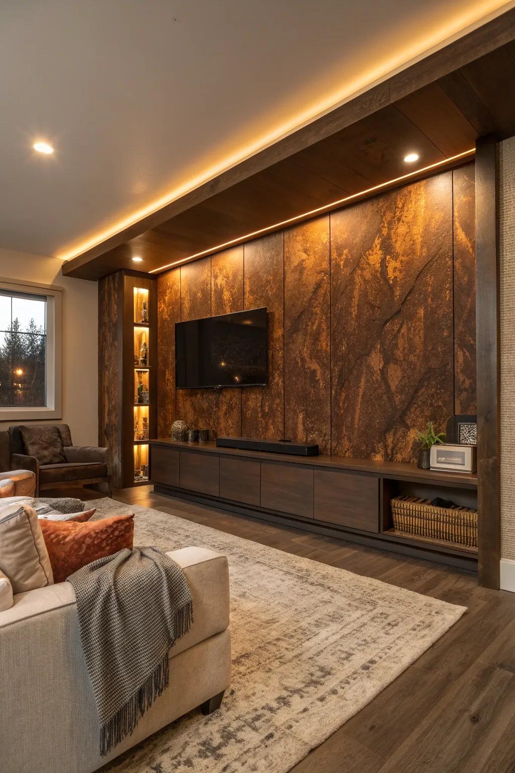 Dark stains elevate OSB board walls into a realm of sophistication.