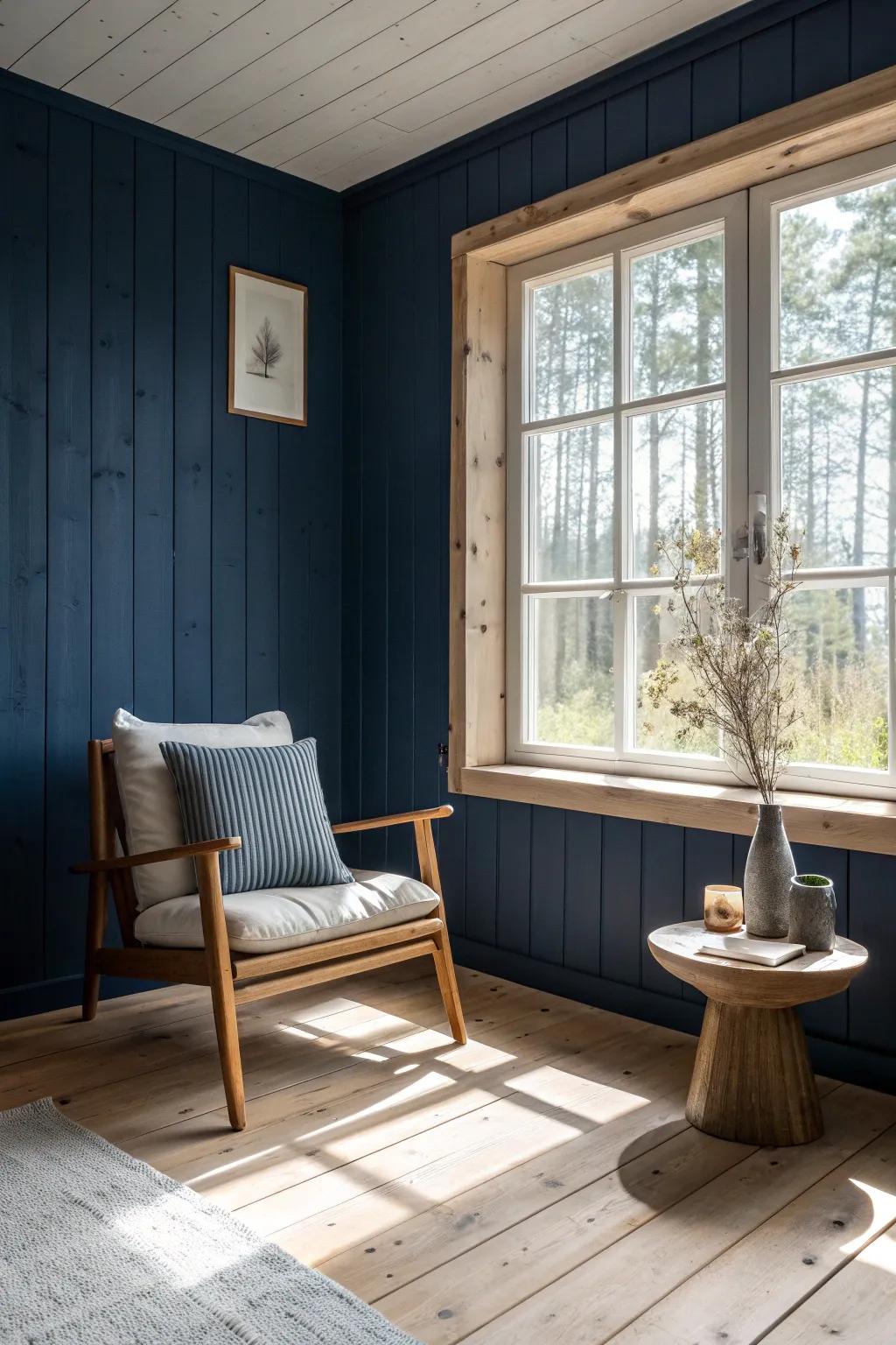 Bold colors bring drama and elegance to knotty pine walls.
