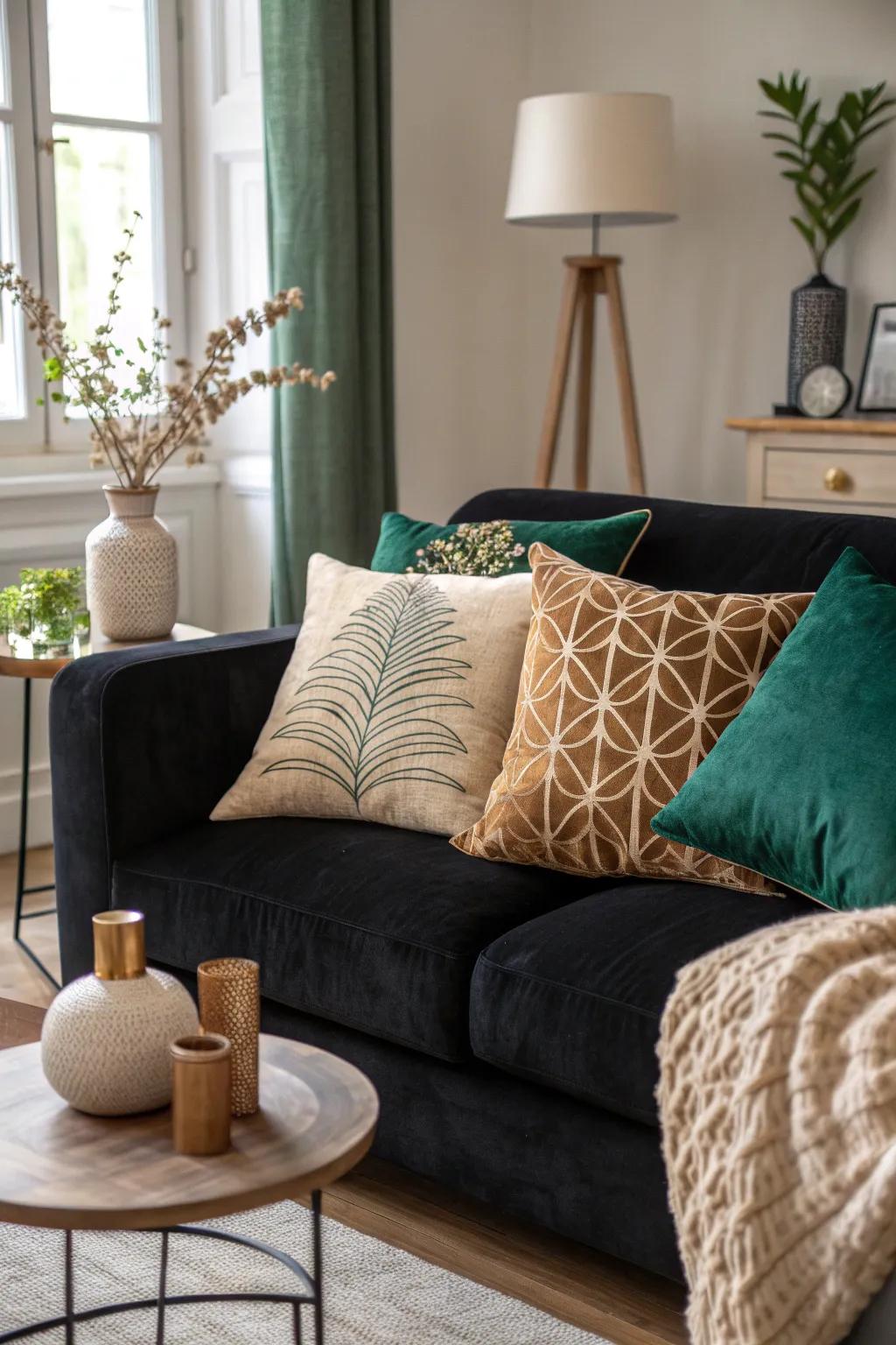 Create texture-rich elegance with a blend of velvet and linen pillows—perfect for any black couch.