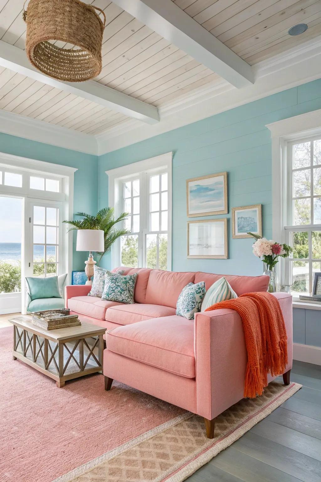 Bring the calm of the coast to your home with soft blues and pinks.