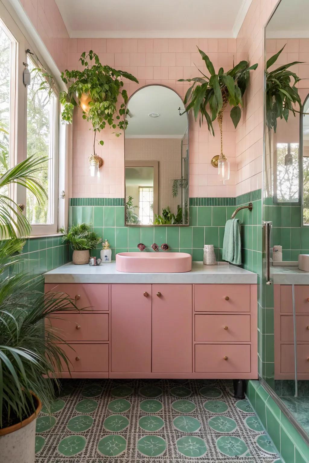 Opt for a floating vanity in blush pink or sage green for a modern and airy bathroom feel.