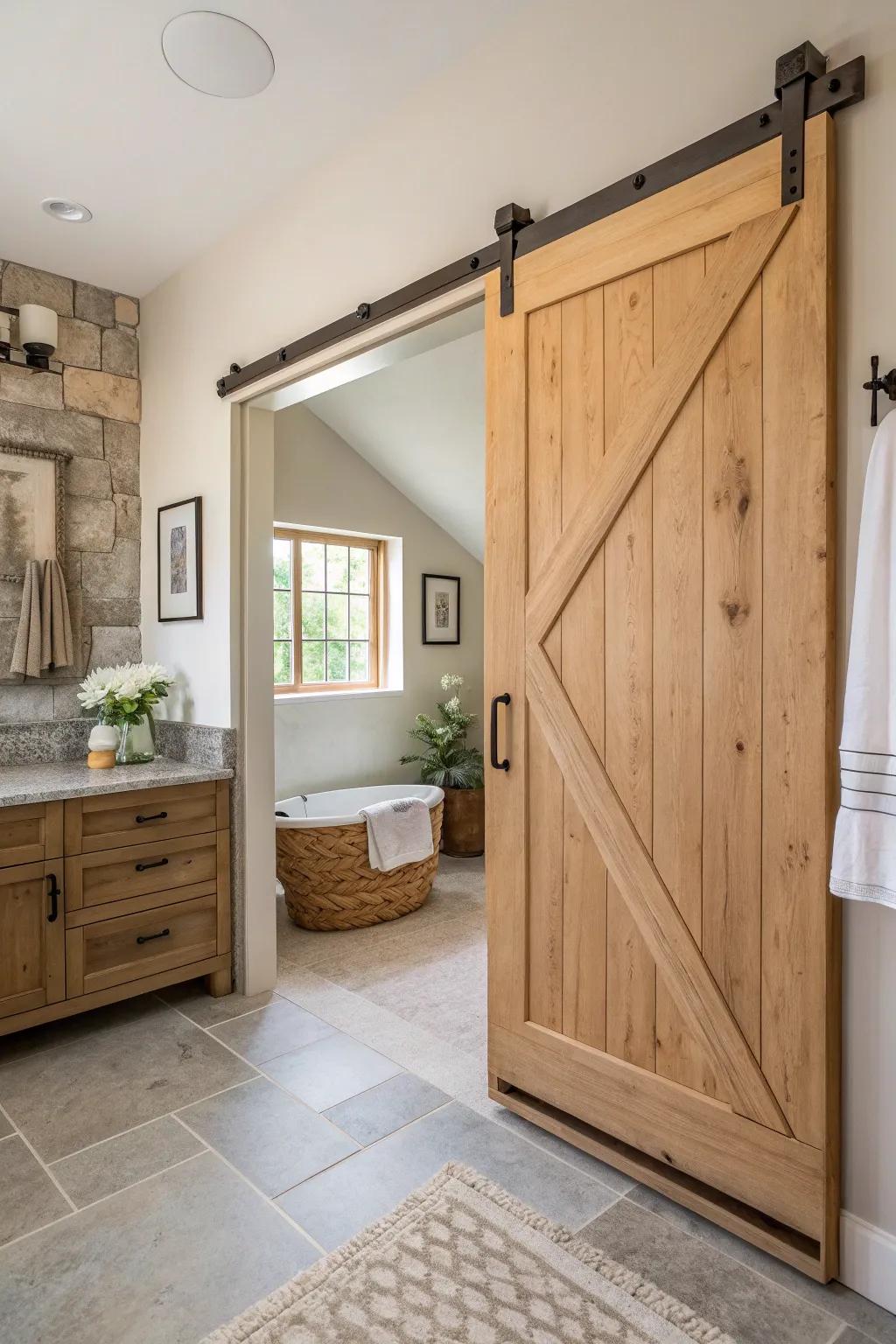 A sliding barn door brings character and saves space! 🚪 #BarnDoor #BathroomInspo