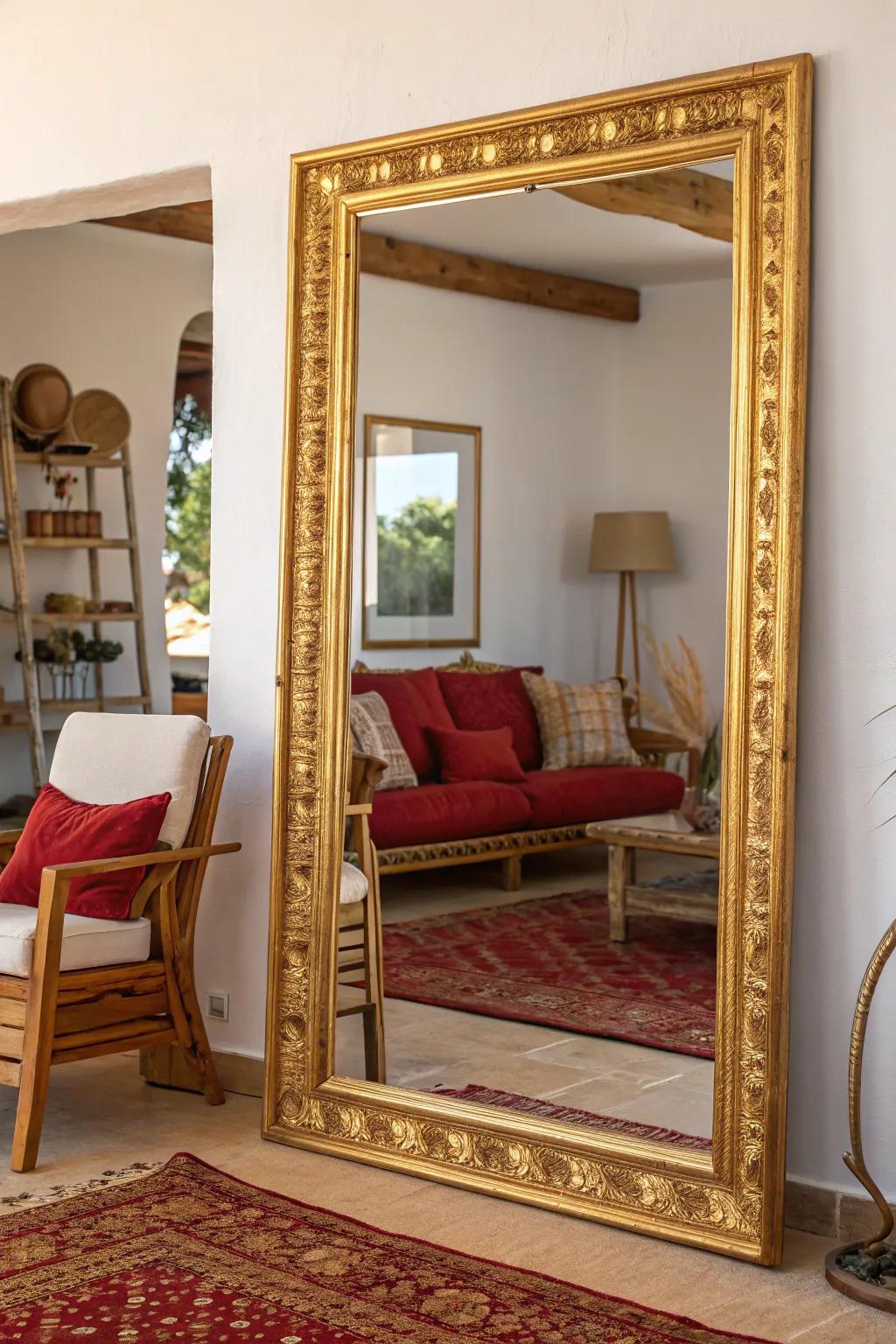 Gold-framed mirrors create a sense of space and elegance in your living room.