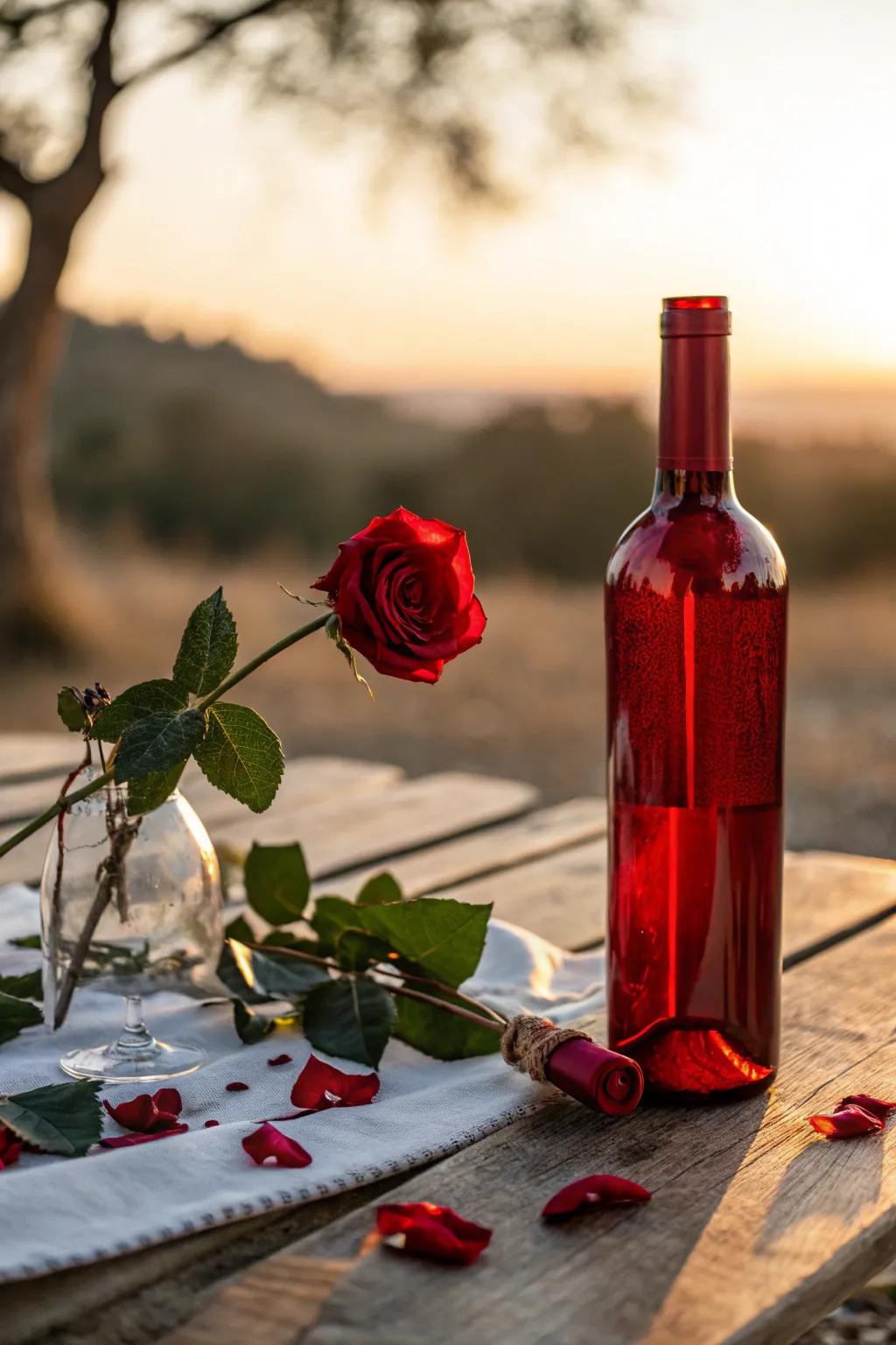 Get creative with red-painted wine bottles and single roses for a chic touch.