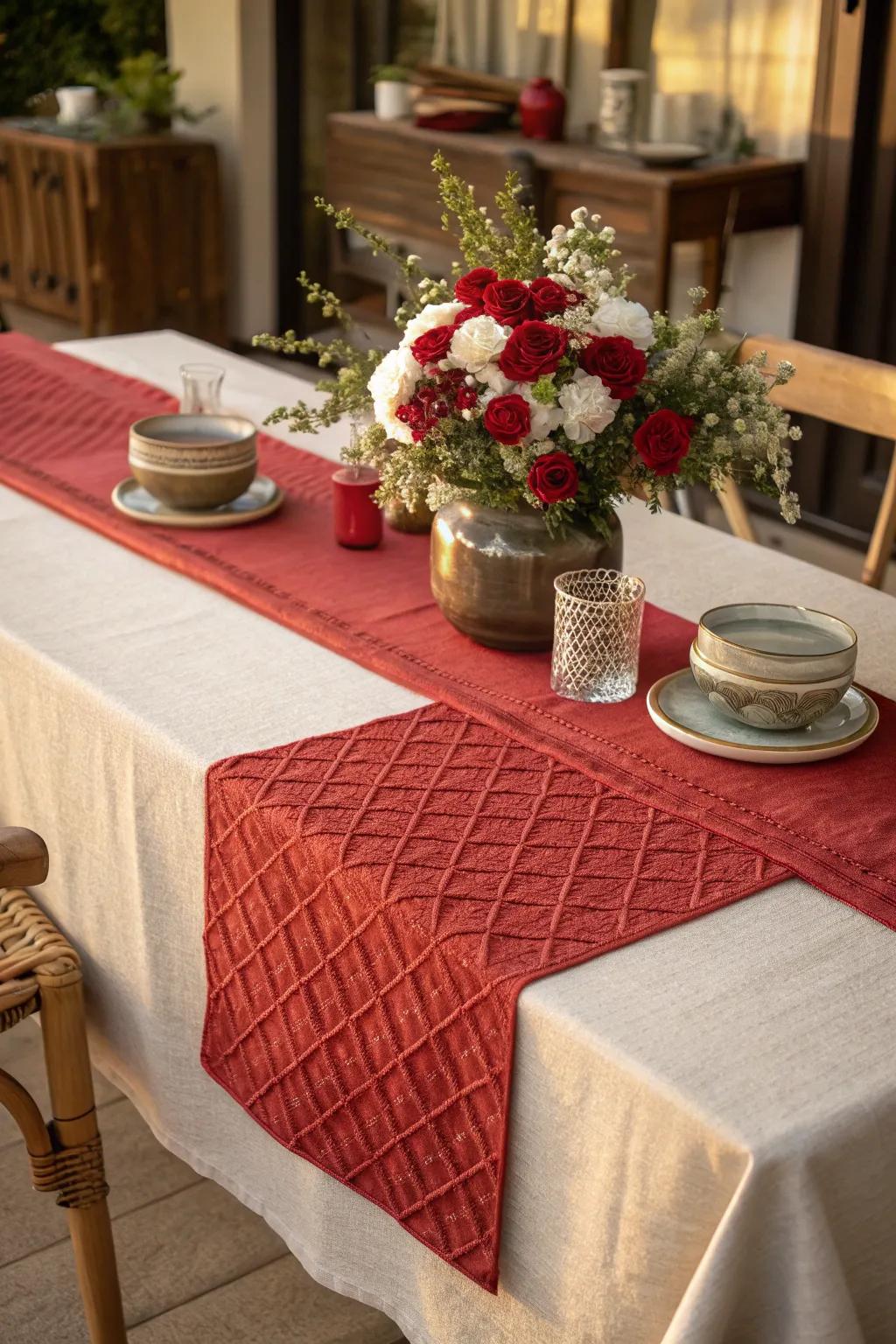 A red runner introduces color and texture, creating a visually stunning table.