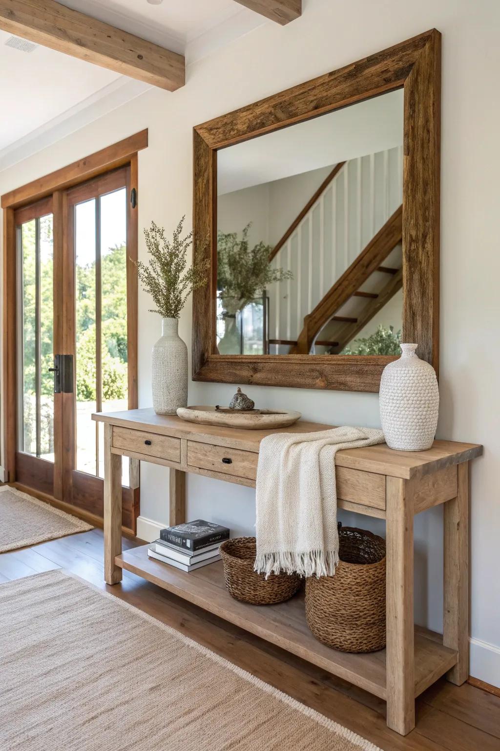 A rustic mirror reflects light, creating an open and bright entryway. 🌟 #RusticMirrors #HomeDecor