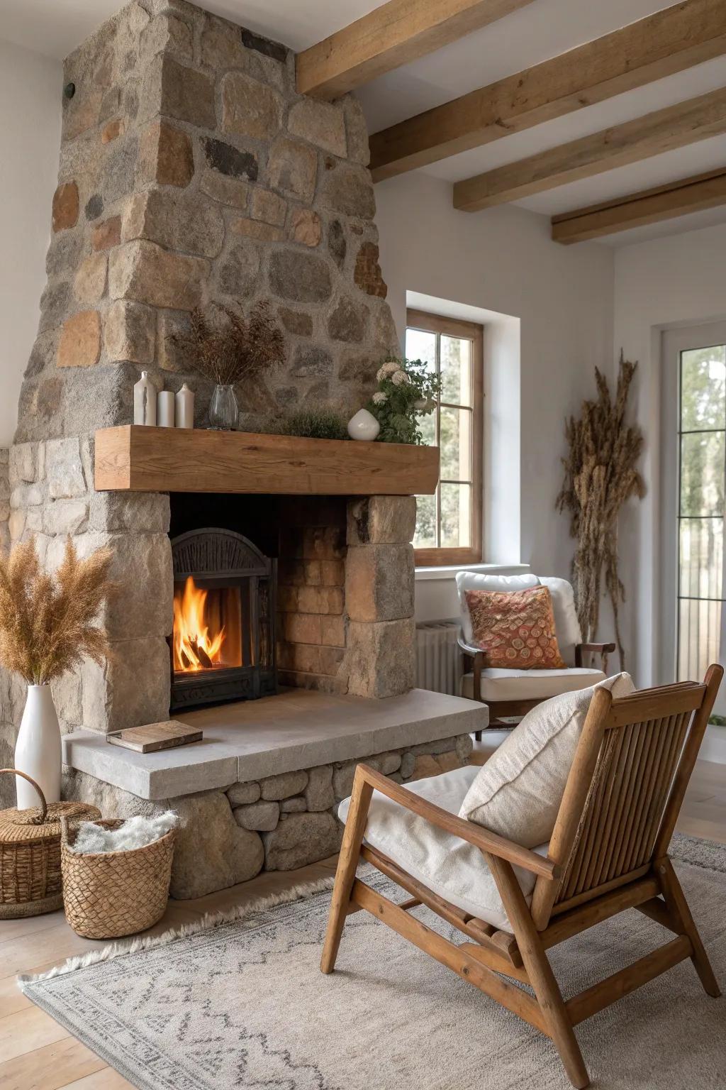 Neutral tones highlight the natural beauty of rustic fireplaces. #NeutralDecor #EarthyVibes