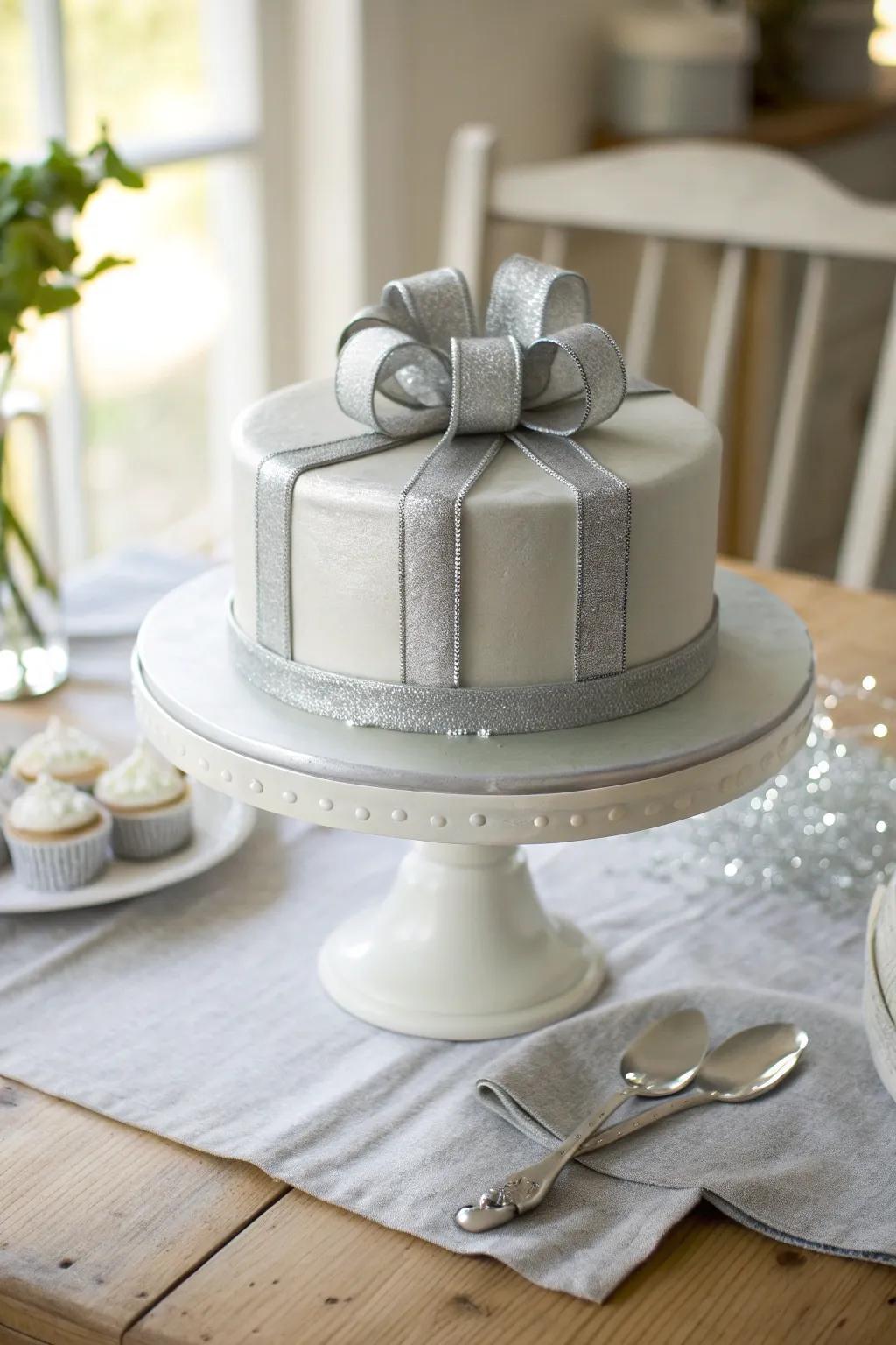 Silver ribbons add a festive and timeless charm to this beautiful cake.