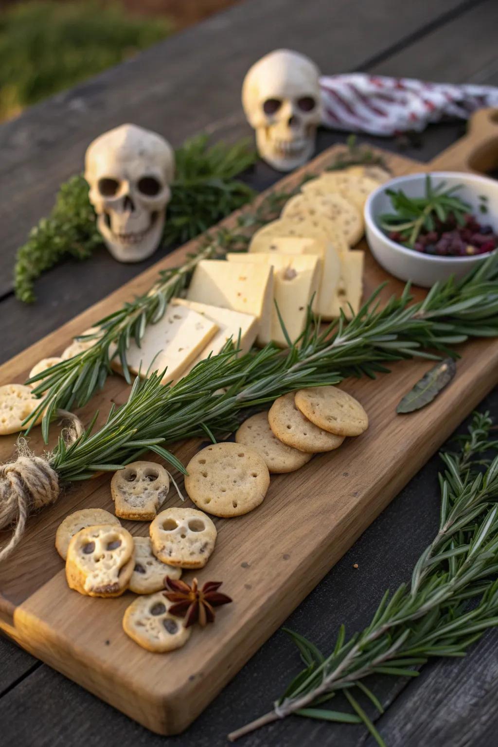 Fresh herbs like rosemary add a touch of elegance to your spooky spread.