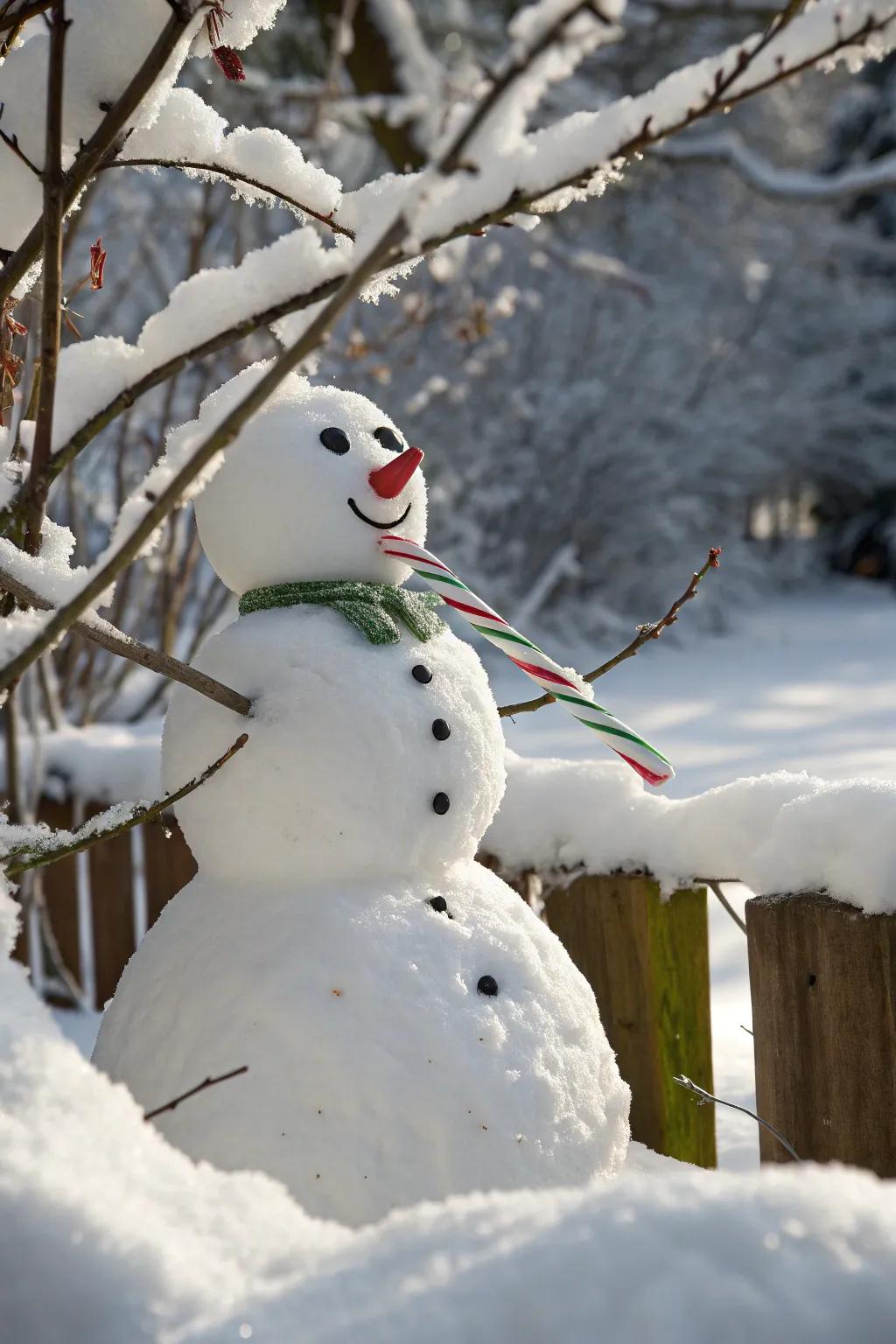 Add some holiday spirit with a candy cane smile on your snowman.
