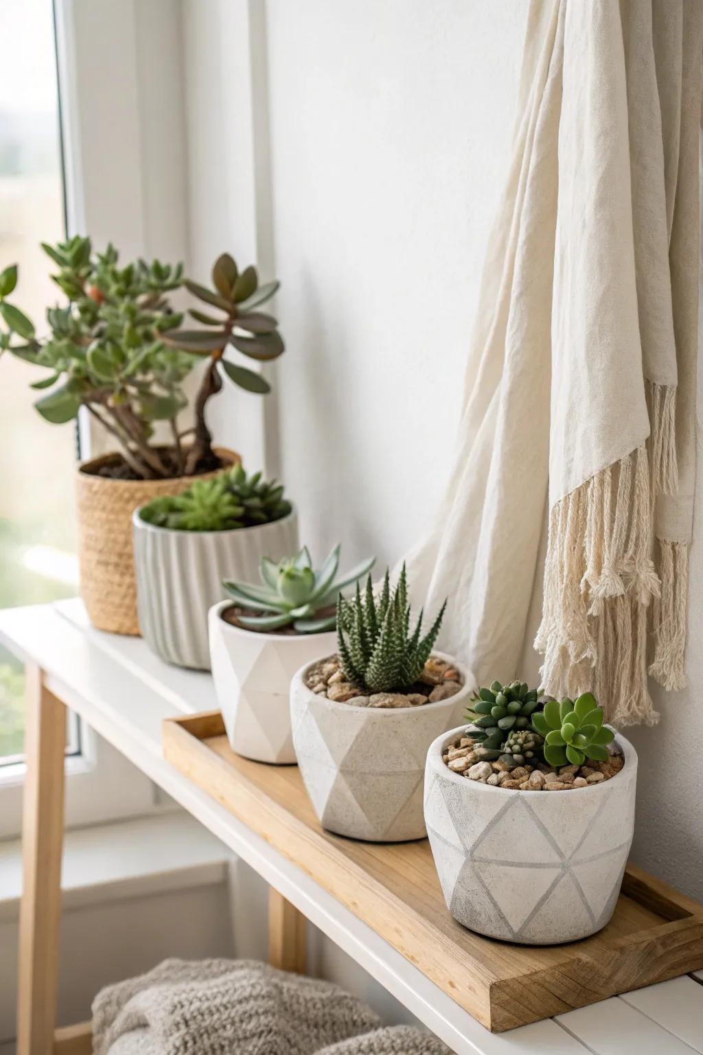 Add a touch of modern elegance to your workspace with geometric succulent planters that make a bold statement.