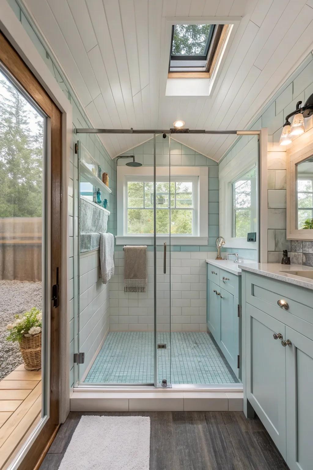 Create visual continuity with a glass partition that keeps your tiny bathroom open and airy.