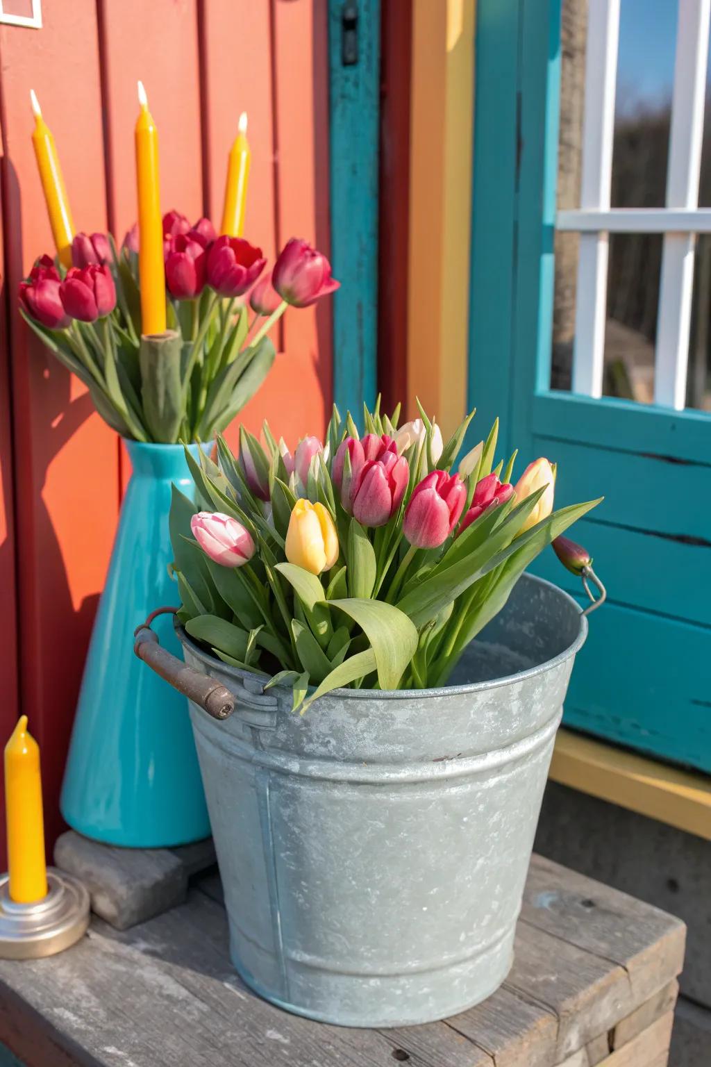 Add a touch of unexpected elegance with tulips in a vintage ice bucket.