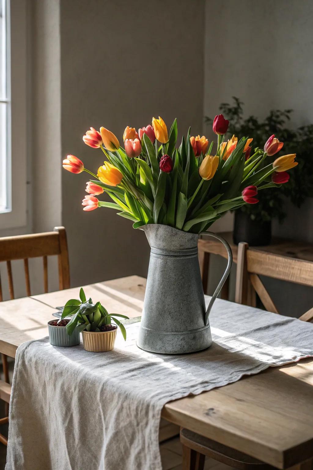 Achieve casual elegance with tulips in a charming metal pitcher.