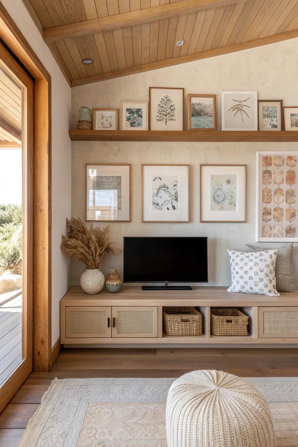 A gallery wall adds artistic flair and keeps your TV nook visually engaging. 🎨 #ArtInHome #CreativeSpaces