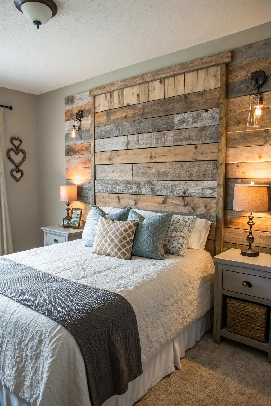 Bring rustic charm to your bedroom with a headboard crafted from reclaimed wood, each piece with its own story.