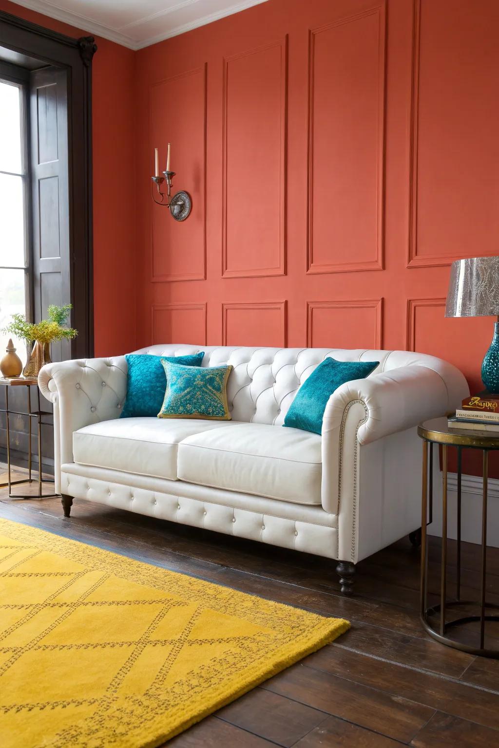 Sophisticated contrasts emerge when a white leather sofa is paired with dark accents.