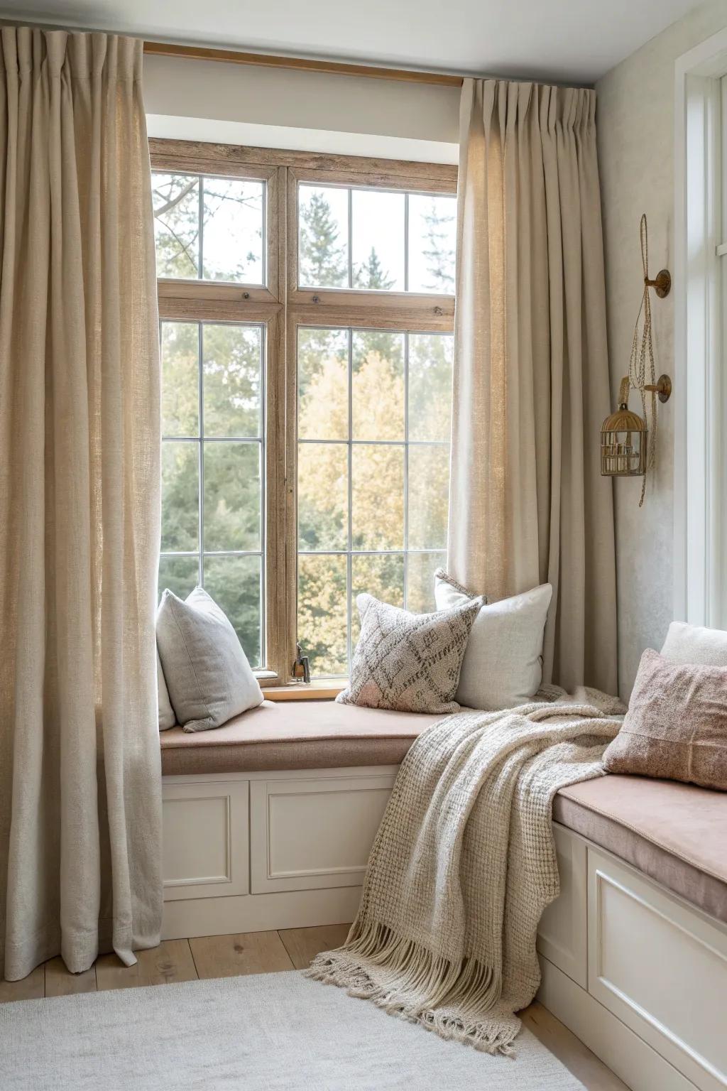 Neutral tones offer a serene and elegant backdrop for any window seat.
