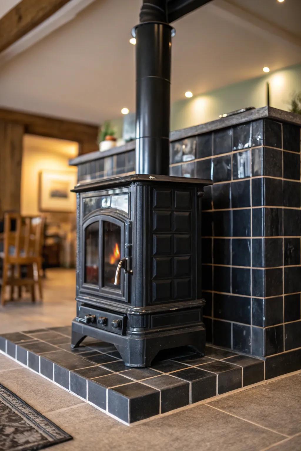 Achieve a sleek and sophisticated look with glossy black tiles around your wood burning stove.