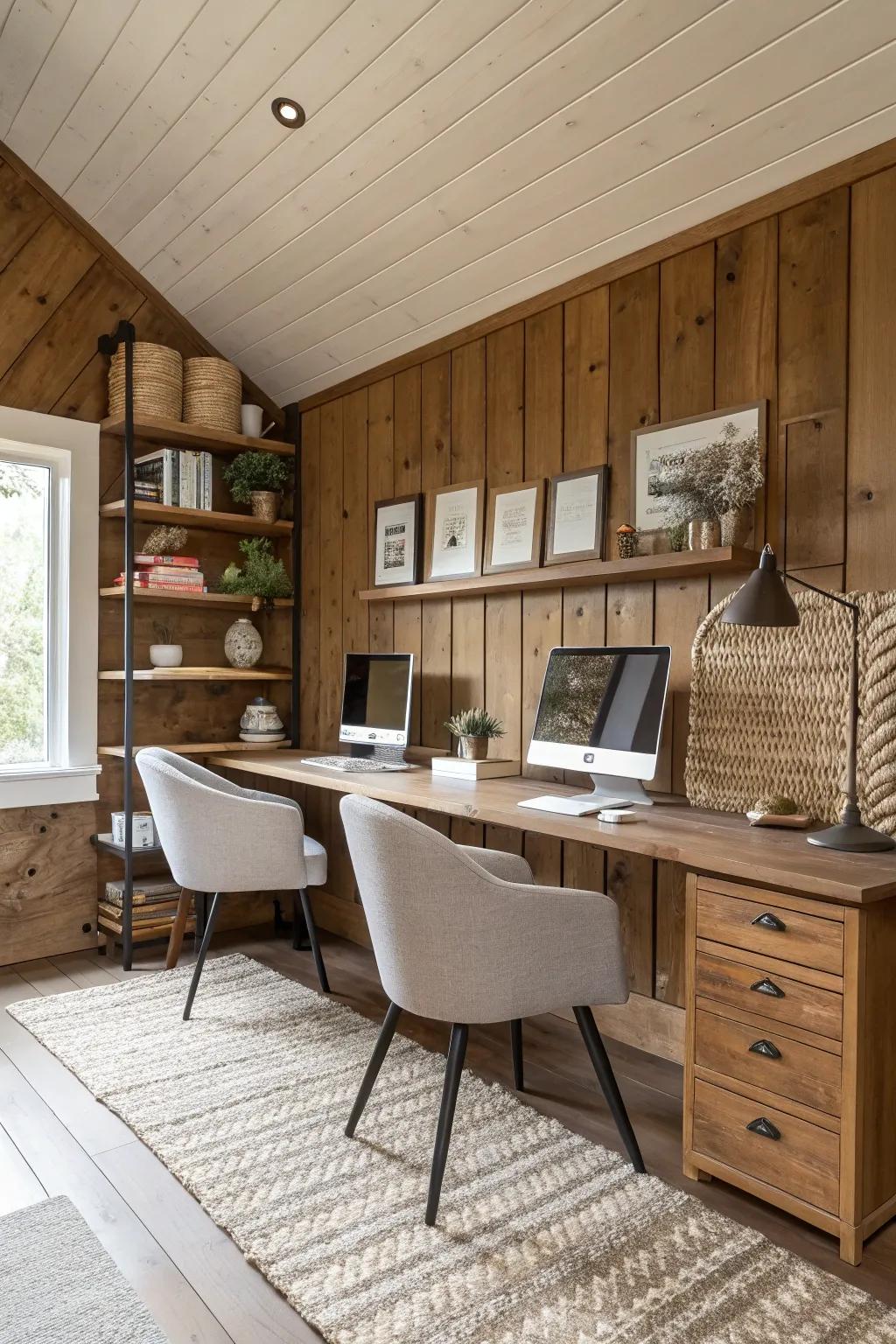 Boost your productivity and style with a sophisticated wood plank home office.