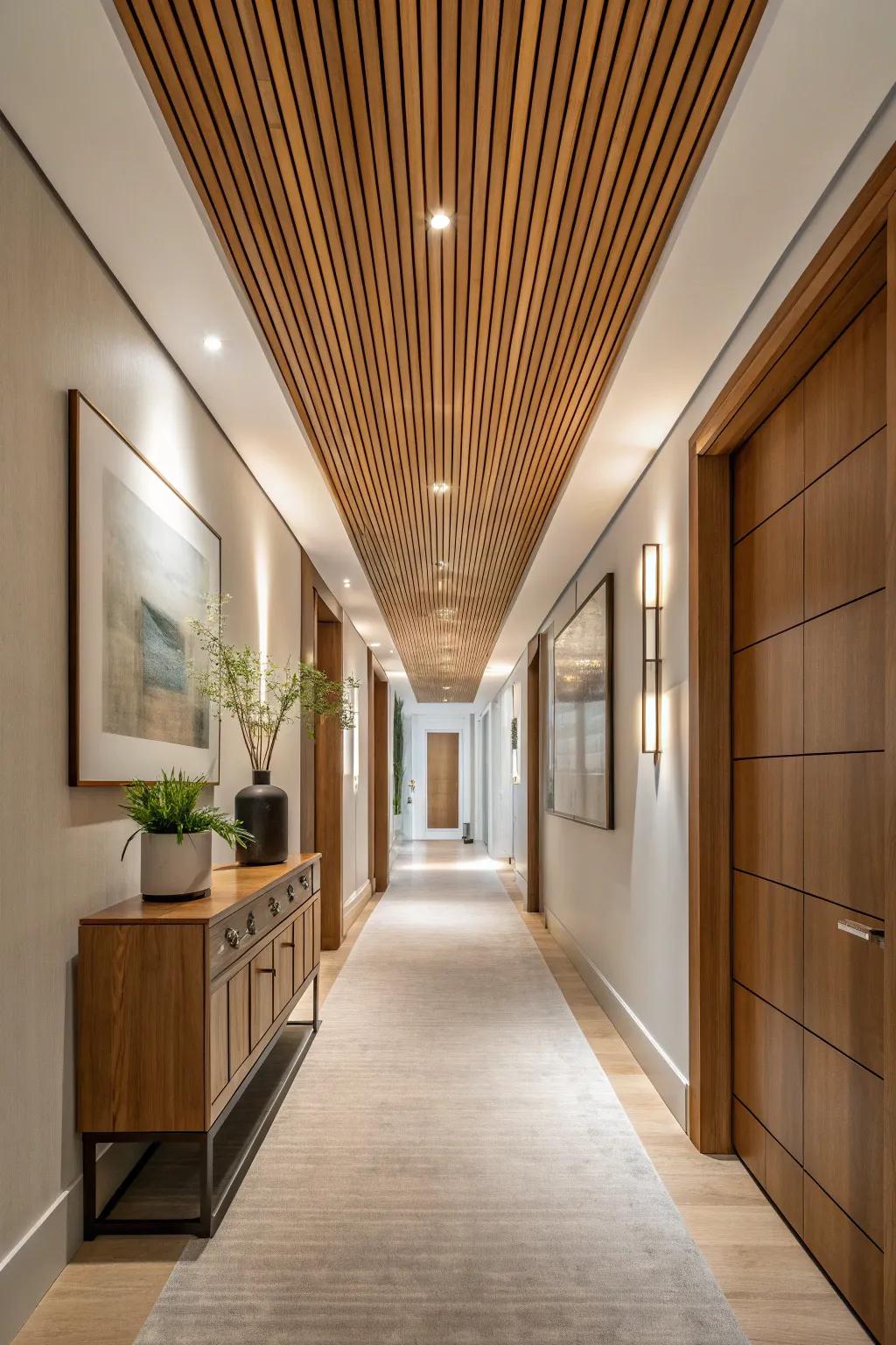 Give your hallway a stylish makeover with a wood slat ceiling that adds depth and character. #HallwayDesign #StylishHome