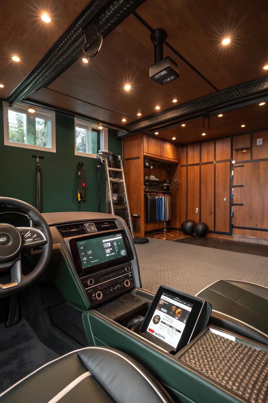 Upgrade your workouts with tech-savvy gadgets in your garage gym. 🎶 #SmartGym #TechSavvy #HomeWorkout