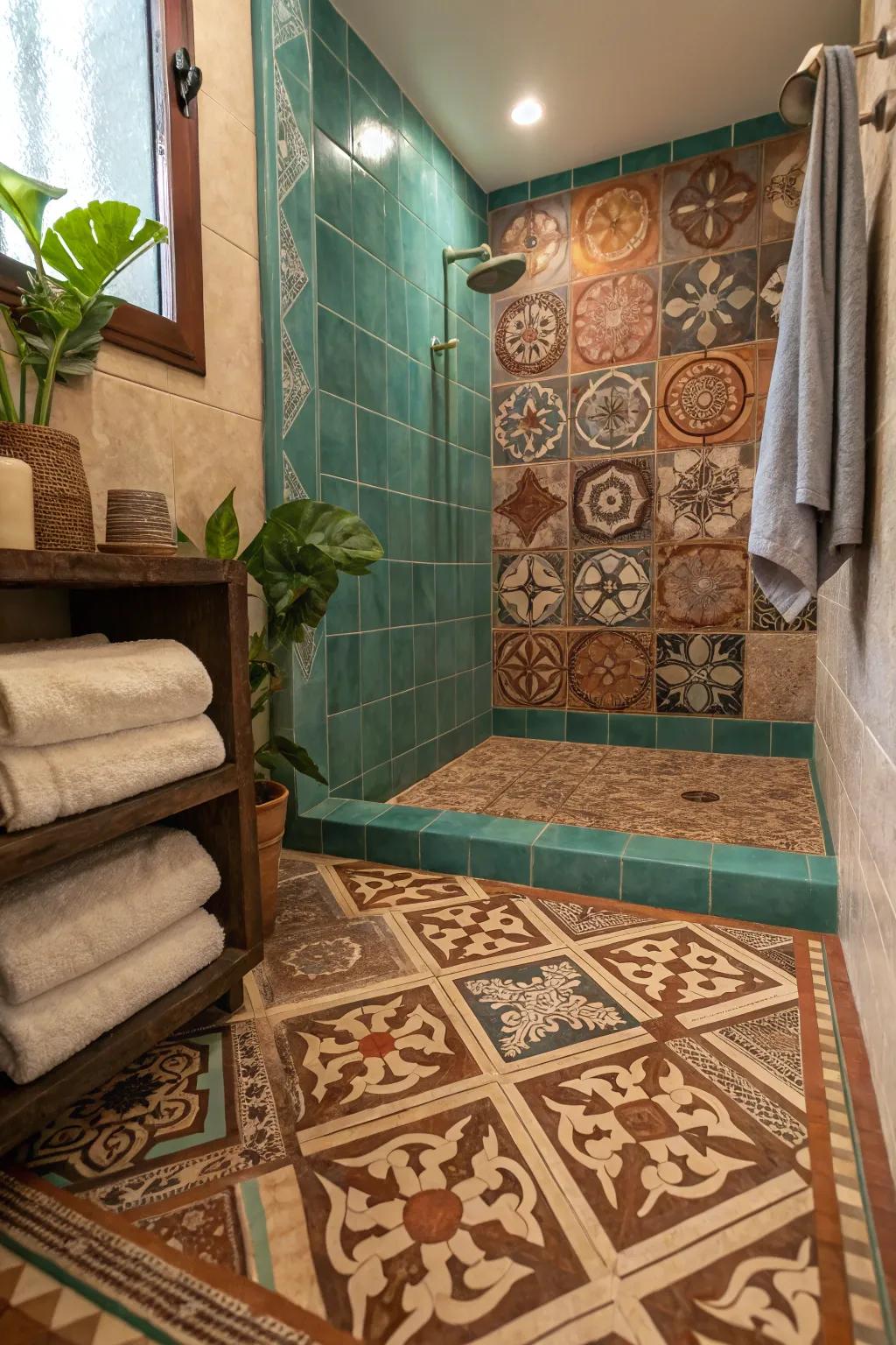Patterned tiles bring a playful touch to your shower, boosting style and character. 🎨 #BathroomInspiration