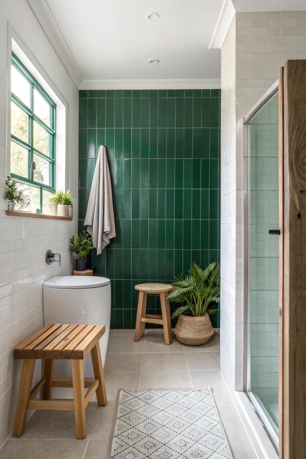 Make a statement with a bold accent wall that brings your bathroom to life. 🌿 #AccentWall #BathroomInspiration #HomeDecor