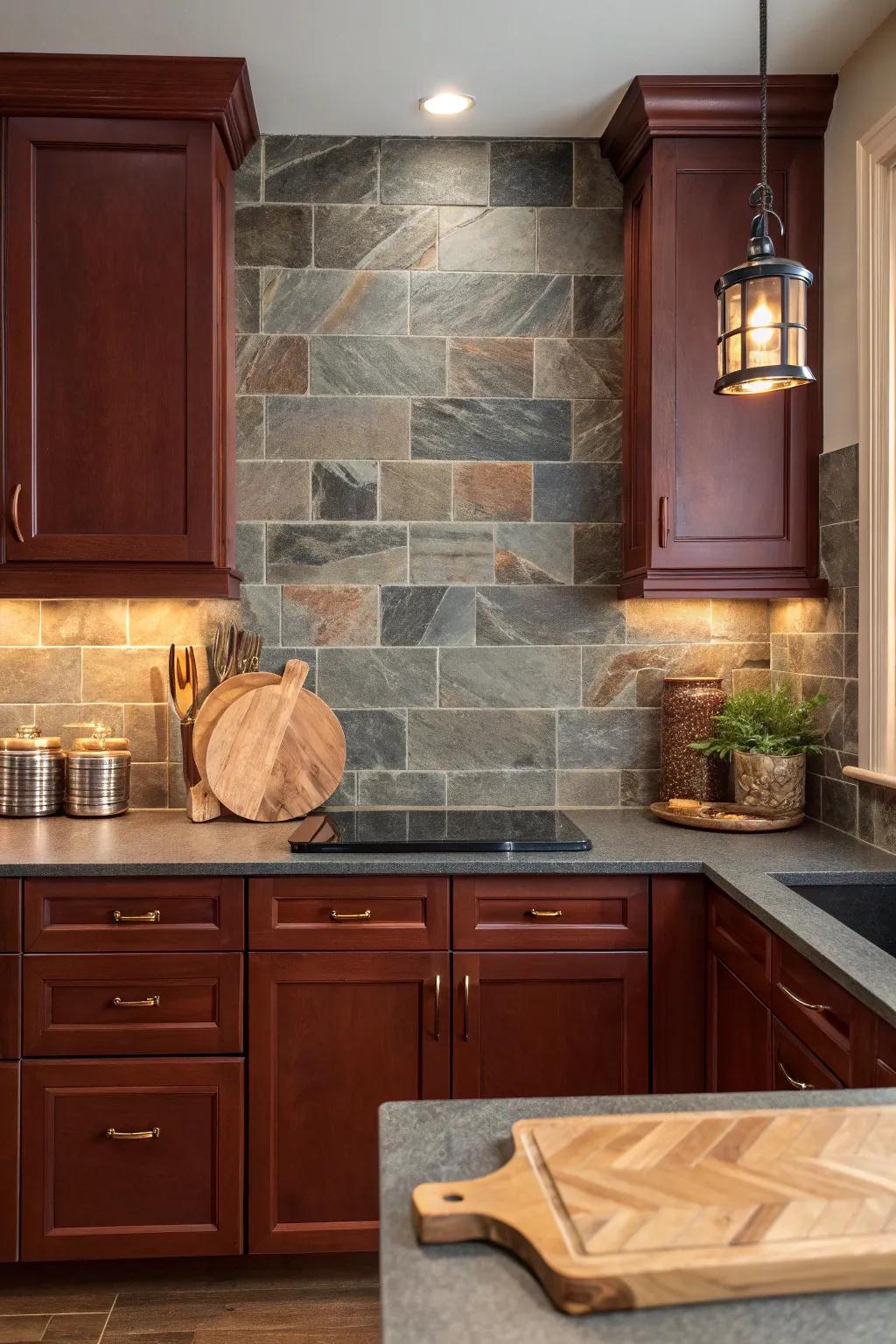 🪨 Rustic slate tiles bring natural texture and depth, complementing cherry cabinets beautifully. #RusticDesign #KitchenInspiration #HomeDecor