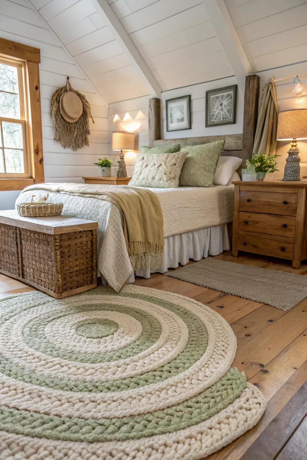 Bring warmth and rustic charm with a braided rug, perfect for a cozy farmhouse-inspired bedroom. 🏡 #FarmhouseStyle #RusticCharm #HomeDecor