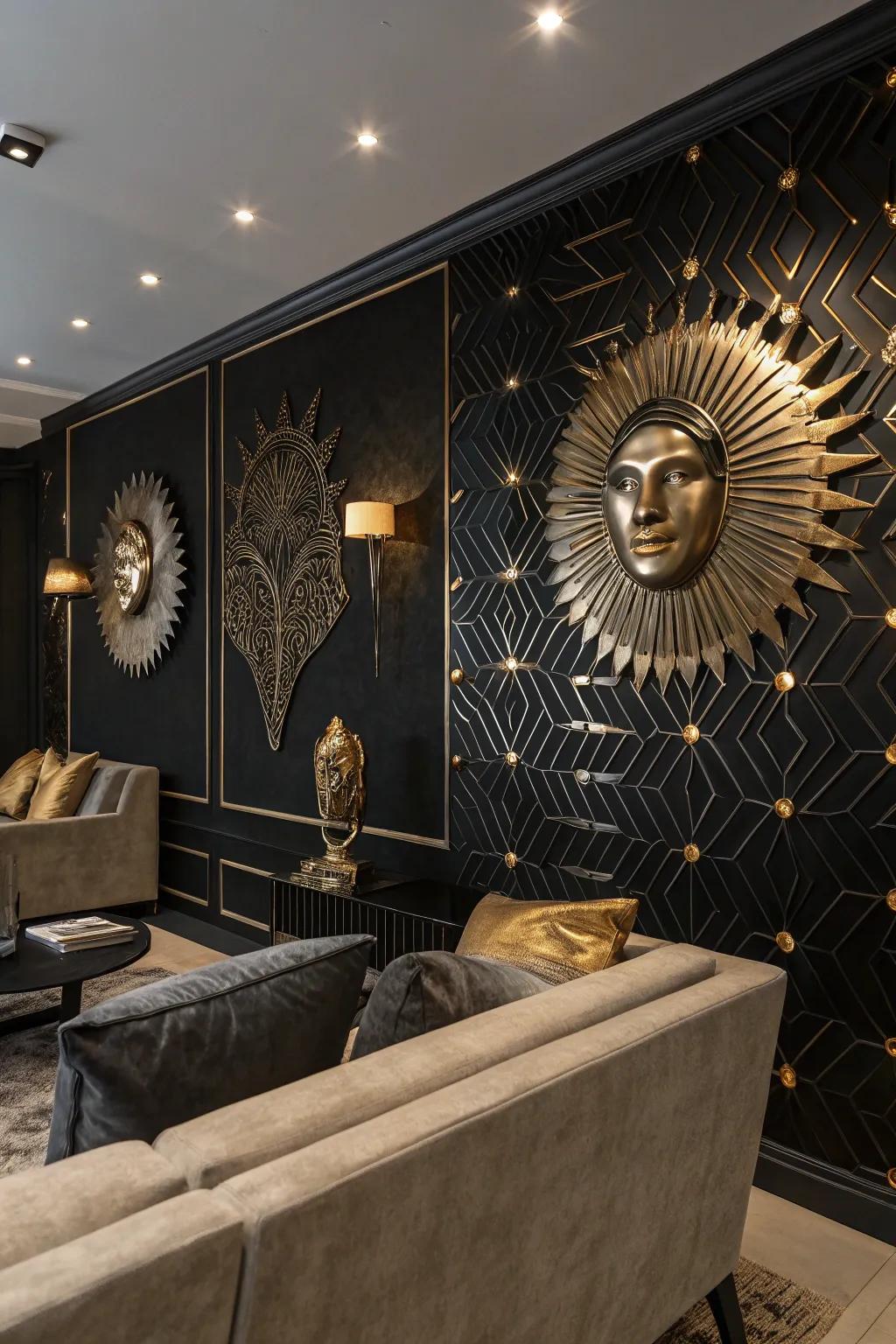Add depth and sophistication with metallic wall sculptures against a chic black wall. #ArtfulDesign #WallSculptures