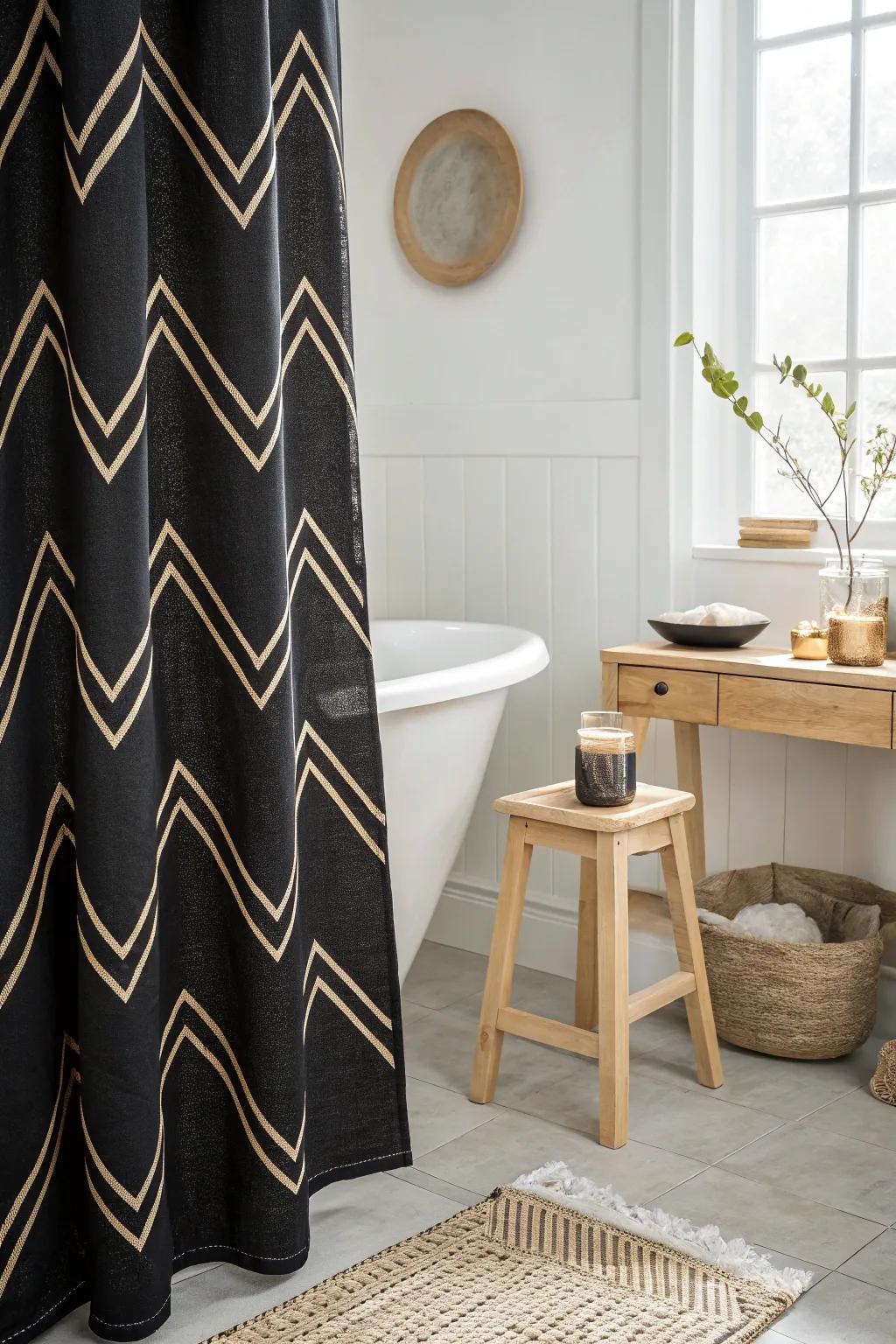Make a statement with bold zigzag patterns on your black shower curtain! 🖤 #PatternPlay #BathroomDecor #DesignInspiration