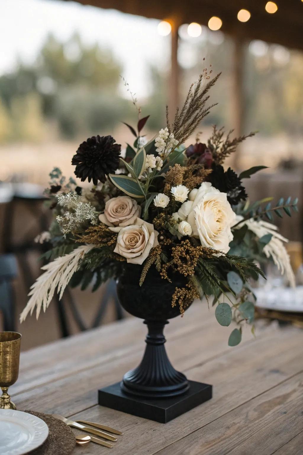 Play with textures: velvet, silk, and metal create a visually stunning centerpiece.