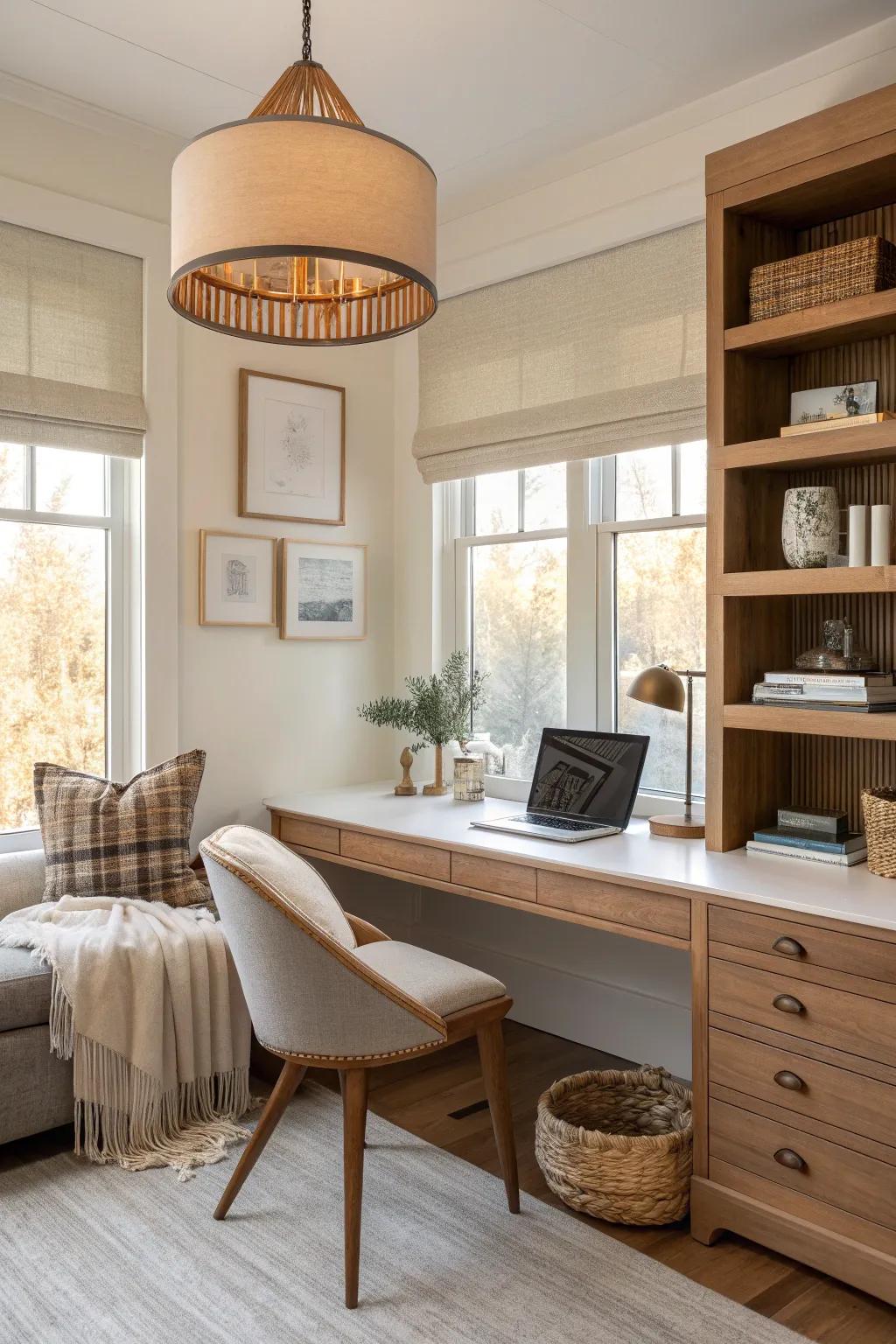 Layered lighting adds depth and warmth to your workspace. #LayeredLighting #OfficeAmbiance #InteriorDesign