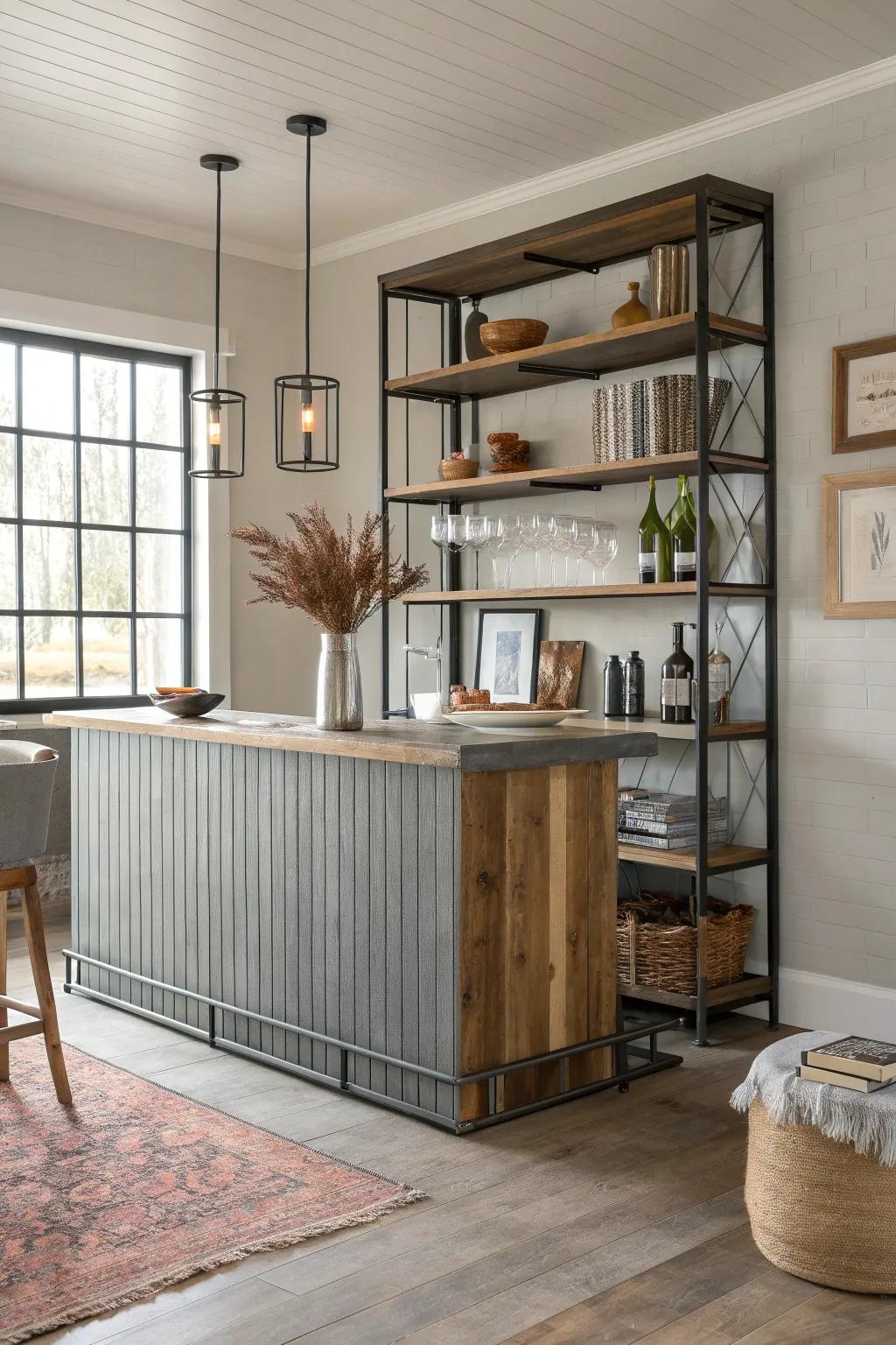 Merge raw and refined with an industrial chic bookshelf bar that elevates your home's style. 🛠️ #ModernRustic #HomeDecor #IndustrialDesign