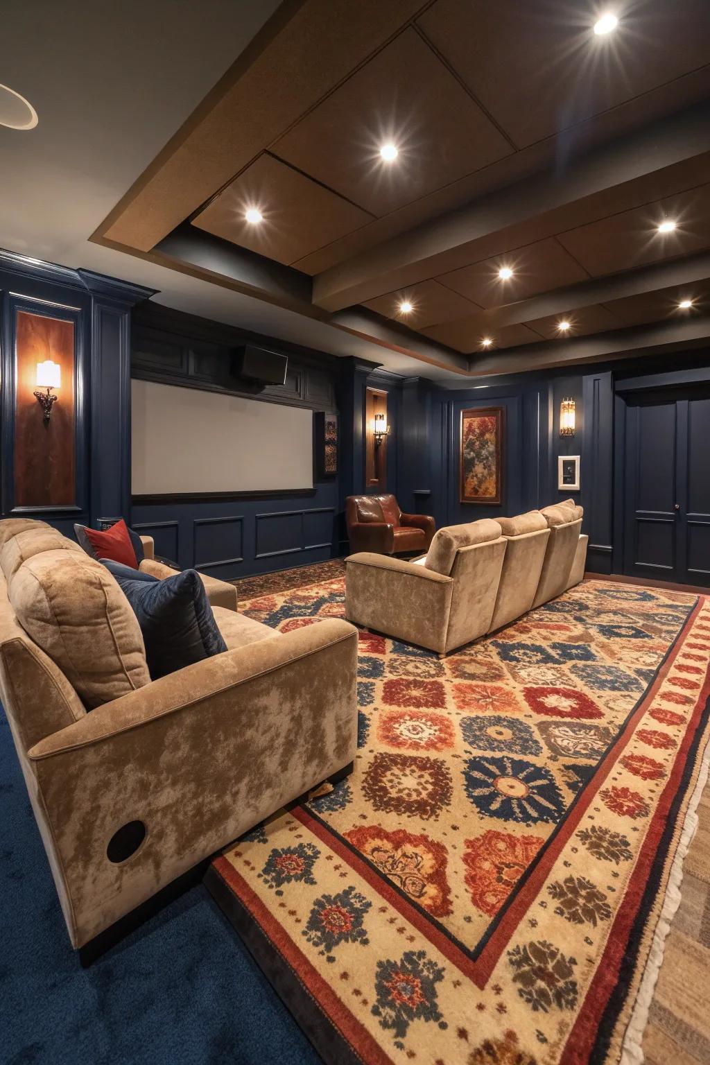 Lay down a plush rug to absorb sound and add a cozy touch to your home theater. 🏡 #CozyVibes #HomeTheater