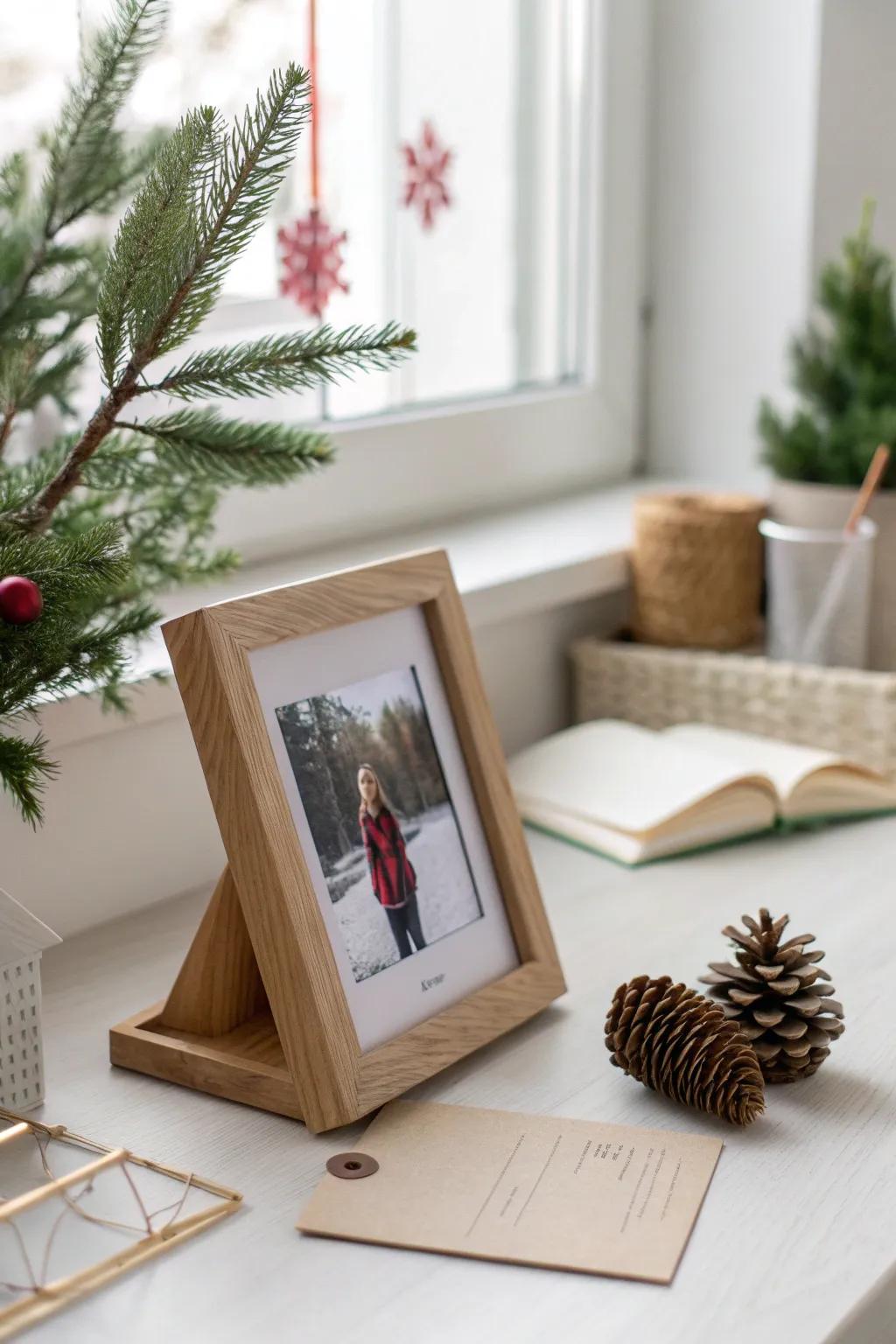 Personal touches with photo frames bring warmth and joy to your holiday desk. #PersonalDecor #HolidayJoy
