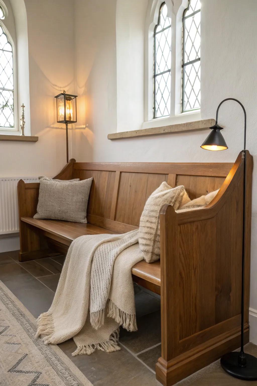 Create an inviting cozy corner with a church pew, perfect for relaxation and introspection. 🕯️ #CozyCorner #HomeComfort