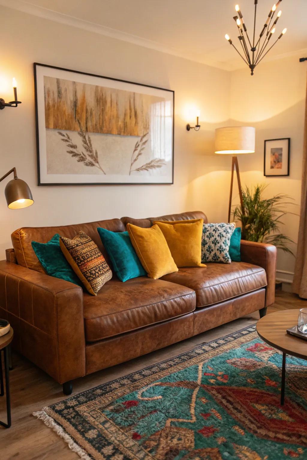 Inject a dose of fun with pops of color that contrast beautifully with your cognac couch.