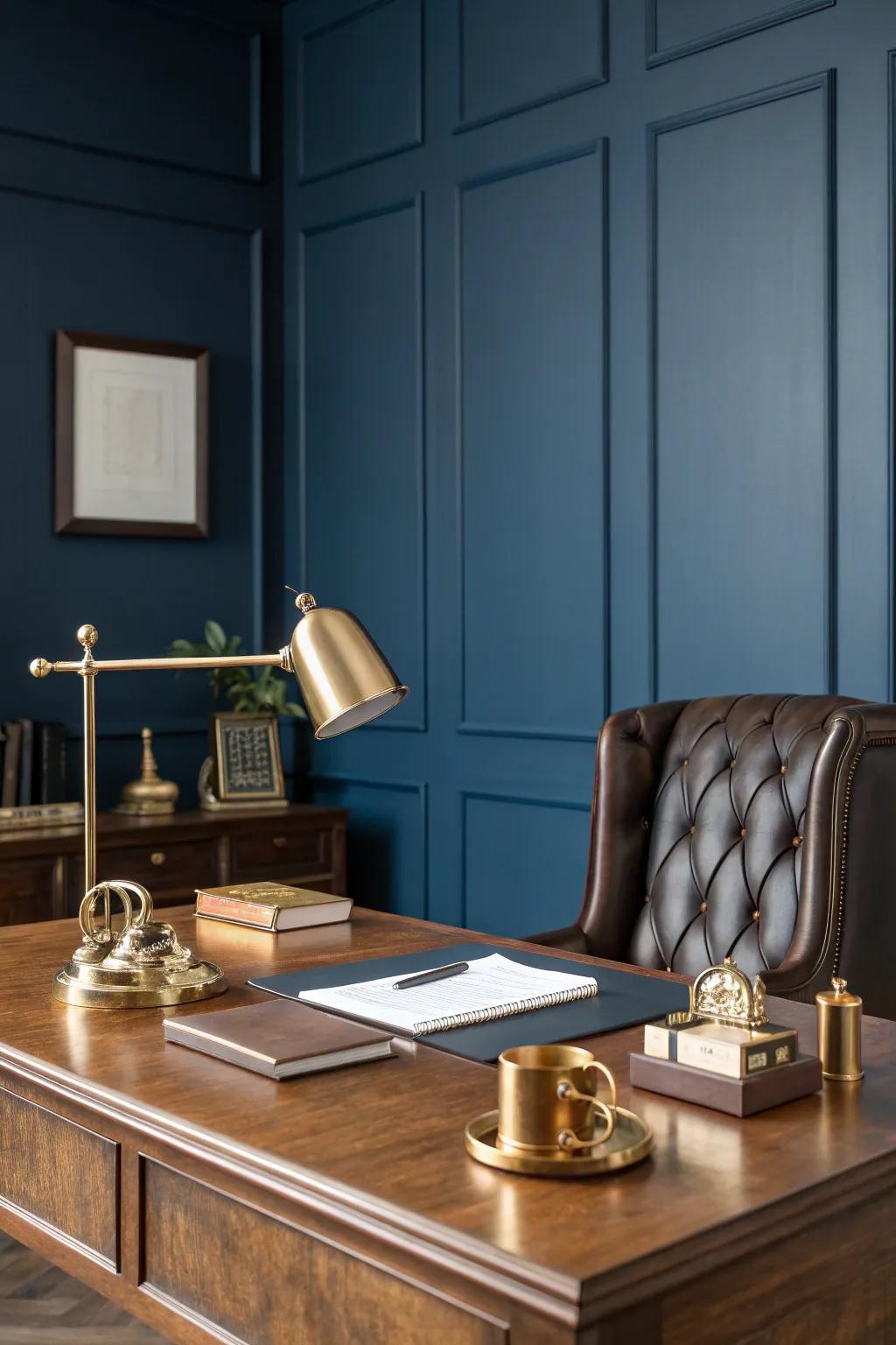 Elevate your office with deep navy hues that exude elegance and sophistication. ✨ #LuxuryOffice #ElegantDesign