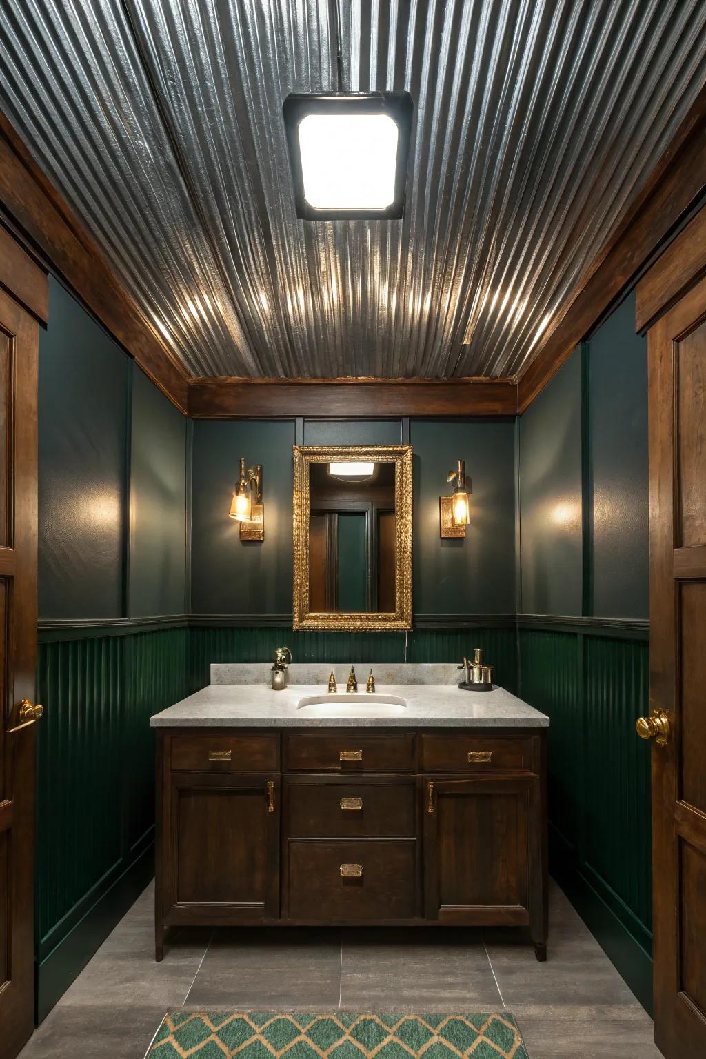 Give your bathroom a unique edge with a corrugated metal ceiling. ✨ #CeilingDesign #UniqueBathrooms #HomeStyling